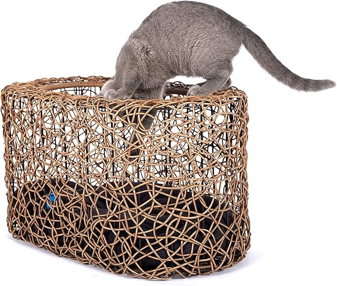 Fun Stackable Cat Condo for Indoor Cats - Interactive Play Faux Rattan Cat House for Indoor Cats Kitty, Pet Friendly Top/Side House Entry, Cat Bed Enclosed