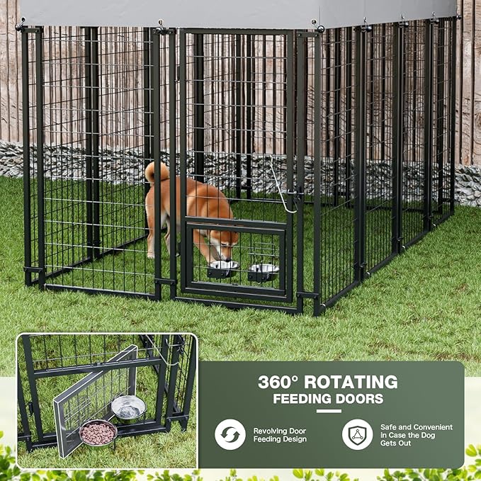 Greesum Large Outdoor Dog Kennel, Heavy Duty Welded Wire Steel Dog Playpen Fence with Secure Lock/UV-Resistant Waterproof Roof Cover/Rotaing Feeder Bowls, for Small/Medium/Large Dogs, XL