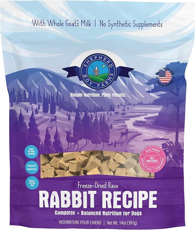 Shepherd Boy Farms Freeze Dried Raw Dog Food, Rabbit Recipe, All Natural, No Synthetics, Made in USA with Goat's Milk & Organic Produce, High Protein, Complete Meal (14oz)