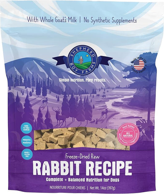 Shepherd Boy Farms Freeze Dried Raw Dog Food, Rabbit Recipe, All Natural, No Synthetics, Made in USA with Goat's Milk & Organic Produce, High Protein, Complete Meal (14oz)