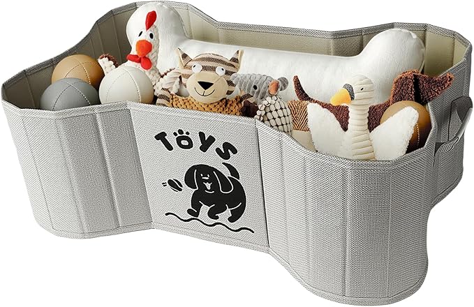 Dog Toy Basket, Collapsible Dog Bone Baskets for Toys, Dogs Storage Organizer with PU Handles, Pet Toys Basket with Bone Shape Design, Toy Baskets for Dogs, Gray