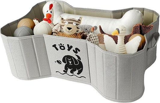 Dog Toy Basket, Collapsible Dog Bone Baskets for Toys, Dogs Storage Organizer with PU Handles, Pet Toys Basket with Bone Shape Design, Toy Baskets for Dogs, Gray