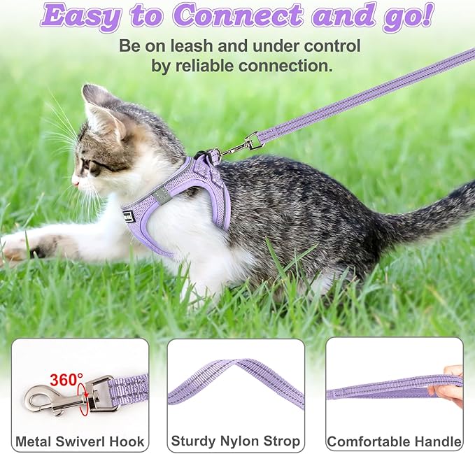 Cat Harness and Leash for Walking Escape Proof, Adjustable Kitten Vest Harness Reflective Soft Mesh Puppy Harness for Outdoor, Comfort Fit, Easy to Control (Purple, M)