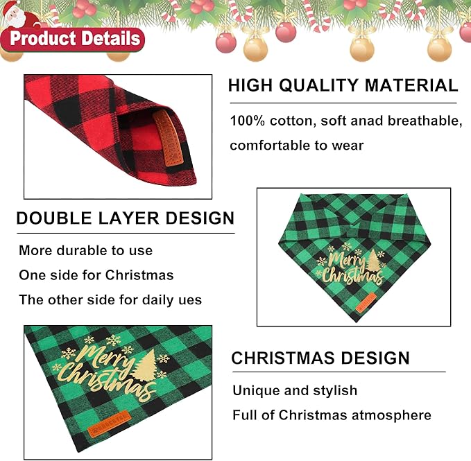 ADOGGYGO 2 Pack Dog Bandana Christmas Classic Plaid Triangle Pet Scarf Bibs Kerchief Merry Christmas Bandanas for Medium Large Dogs Pets (Large)