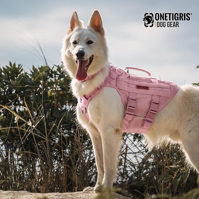 OneTigris Tactical Dog Harness for Small Dogs, No Pull Small Dog Vest Harness with Handles Breathable Military Dogs Molle Vests, Harness for Walking Hiking Training (Pink, XS)