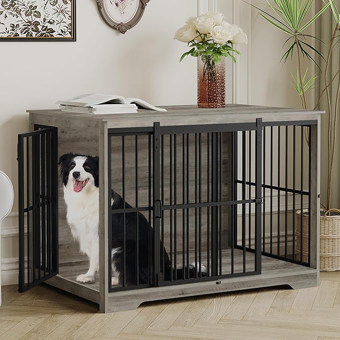 XL Large Dog Crate Furniture, 44.1" Indoor Dog Kennel Furniture with Barn Door, Wooden Tall Dog Crate, Heavy Duty Dog Cage for Large Dogs, Side End Table, Anti-Chew, Greige Black DFC80105B