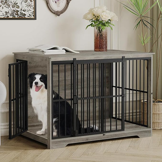 XL Large Dog Crate Furniture, 44.1" Indoor Dog Kennel Furniture with Barn Door, Wooden Tall Dog Crate, Heavy Duty Dog Cage for Large Dogs, Side End Table, Anti-Chew, Greige Black DFC80105B