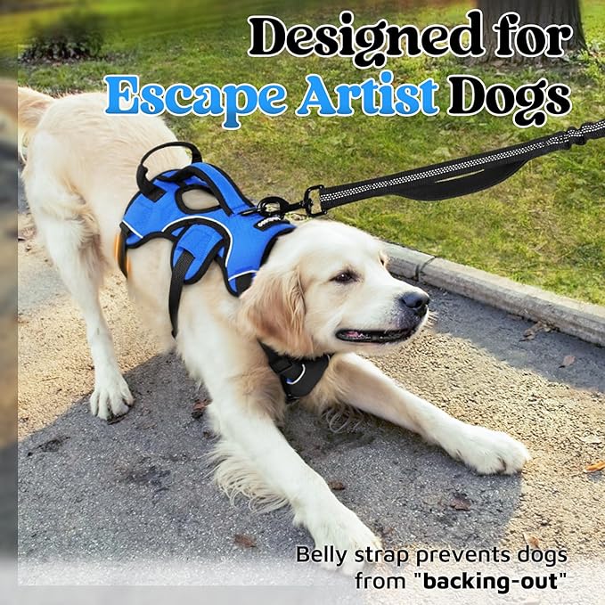 rabbitgoo Escape Proof Dog Harness, Soft Padded Full Body Pet Harness, Reflective Adjustable No Pull Vest with Lift Handle and Leash Clip for Large Dogs Walking Hiking Training, L, Blue