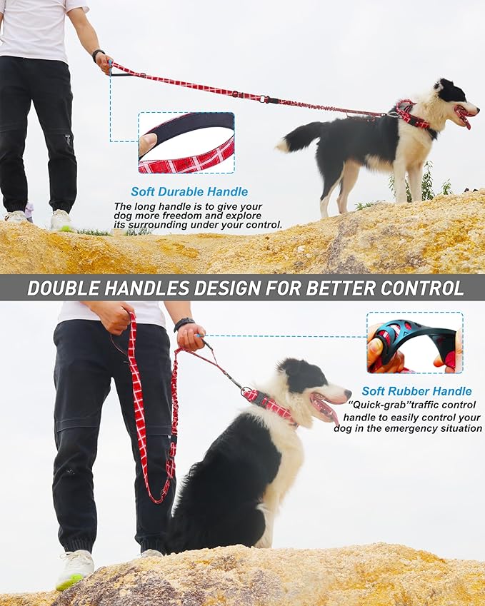 Hotsky Tactical Dog Leash Heavy Duty for Medium Large Dogs That Pull,4-6Ft Strong Bungee Shock Absorbing No Pull Dog Leash with Padded Double Handle and Car Seatbelt,Redplaid