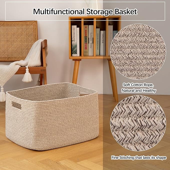 OIAHOMY 75L Large Woven Cotton Rope Storage Basket with Handle for Organizing Blanket and Toys for Living Room, Nursery, Brown Variegated 22”x17”x12”