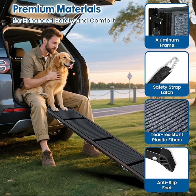 HBTower 71" Long & 17.3" Wide Folding Dog Ramp for Car, SUV & Truck – Portable Pet Ramp with Non-Slip Surface, Extra Wide Steps for Large Dogs Up to 250LBS