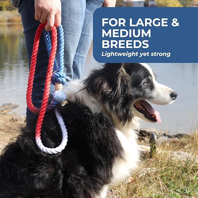 Premium Cotton Rope Leash for Medium & Large Dogs – 5 ft Handcrafted, Strong, Stylish & Durable with 360° Swivel Heavy-Duty Clip – Perfect for Everyday Walks &Training - Red White and Blue USA Leash