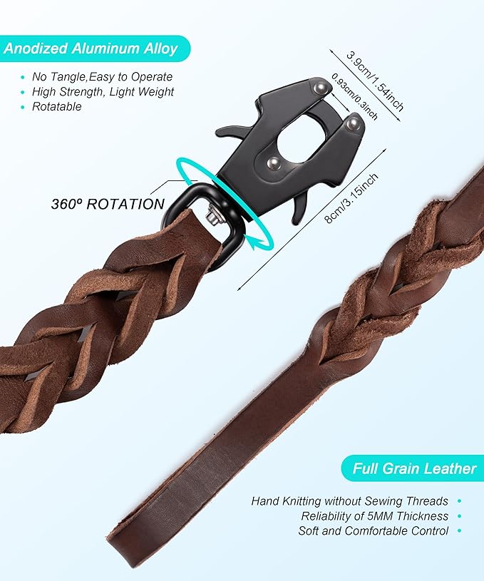 GEIT 4/5/6FT Leather Dog Leash, Heavy Duty Dog Training Leashes, Genuine Leather Braided Leash with Quick Release/Locking Tactical Frog Clip for Medium and Large Dogs