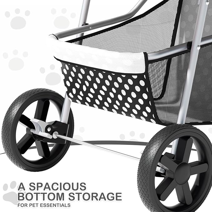 MoNiBloom 3 Wheels Pet Dog Cat Stroller for Small Medium Dogs Cats, Foldable Jogger Stroller w/Storage Basket and Cup Holder, Black Polka Dots