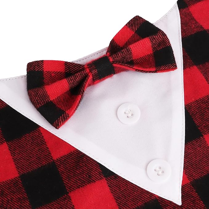 ADOGGYGO Christmas Dog Tuxedo Bandana, Red Plaid Xmas Pet Bowtie Collar, Adjustable Christmas Costumes for Small Dogs (S)