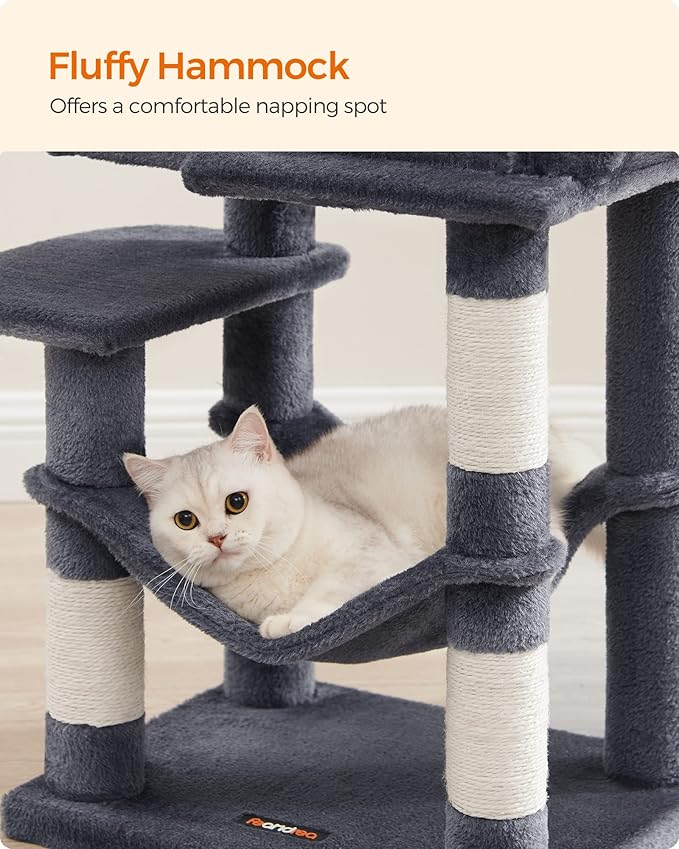 Feandrea Cat Tree, 44.1-Inch Cat Tower for Indoor Cats, Multi-Level Cat Condo with 4 Scratching Posts, 2 Perches, Hammock, Cave, Smoky Gray UPCT261G01
