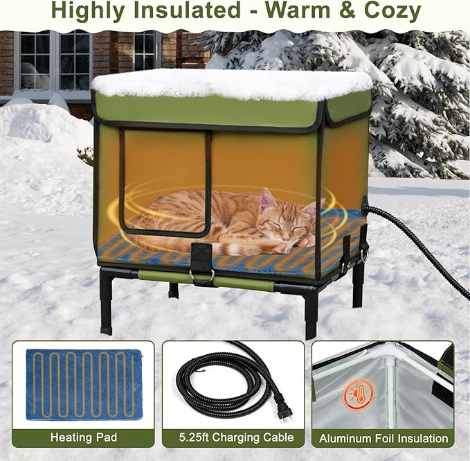 Palopalo Dewproof Heated Cat House for Outdoor Winter, Insulated Discreet Pet Shelter with Waterproof Heating Pad & Escape Door for Feral, Stray, Barn Kitty Cats (Army Green, 16.5"x12.5"x17.7")