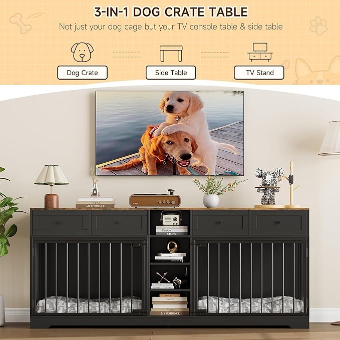 GarveeHome 82” Double Dog Crate Furniture, Large Dog Kennel Indoor for 2 Dogs, Heavy Duty Wooden Dog Crate TV Stand with 4 Drawers and Shelves, Black