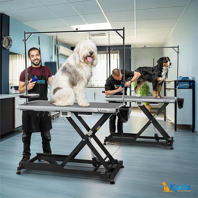 KANIS Professional Electric Dog Grooming Table - Heavy Duty, Height Adjustable Pet Grooming Table w/Leveling Wheels, Grooming Arm, Anti Slip Tabletop & Tool Organizer/Dog Grooming Station (60", BLACK)