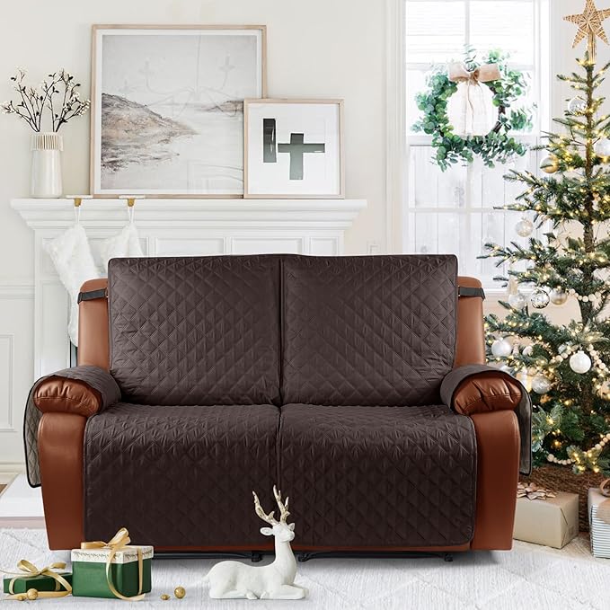 Ruaozz Waterproof Recliner Sofa Cover 1-Piece Couch Covers for Reclining Couches Reclining Sofa Cover Washable Furniture Protector with Elastic Straps Pocket for Kids, Pets (Chocolate, XL 2 Seater)