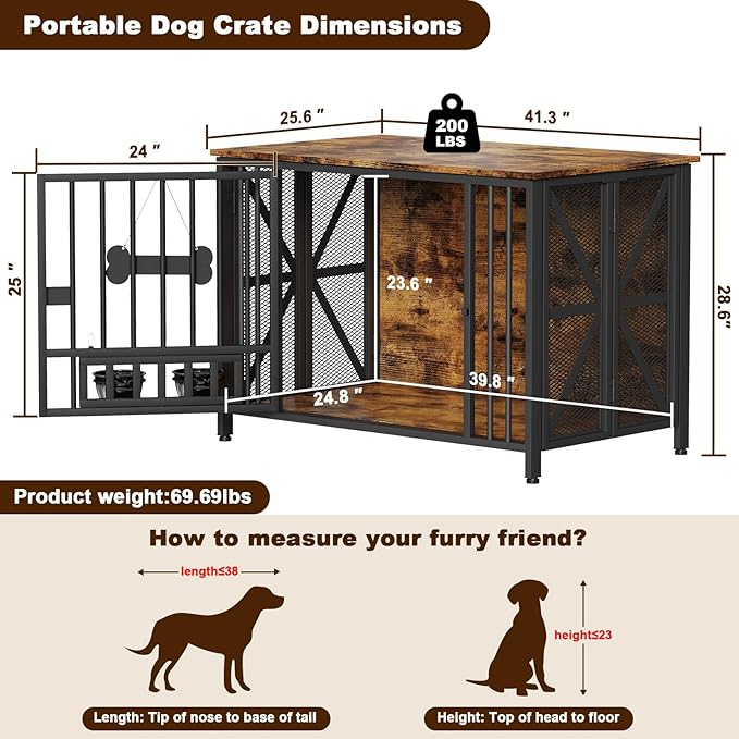 Easycom Foldable Large Dog Crate Furniture, 41.3" Assembly-Free Dog Crates for Large Dogs, Decorative Wooden Dog Kennel Indoor with Tag & Dog Bowls, Dog Cage Use as TV Stand, Rustic Brown