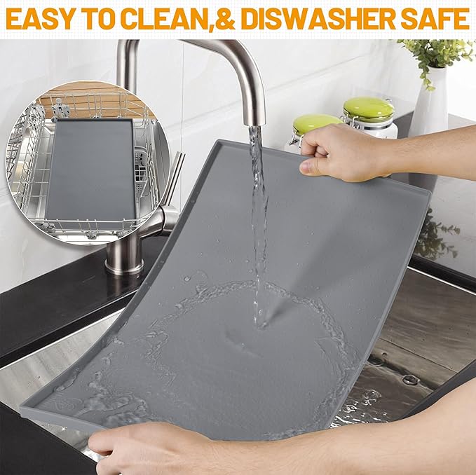 Hubulk Dog Feeding Mat,100% Waterproof Food Grade Silicone Pet Food and Water Bowl Placemat,Dishwasher, High Raised Edge to Prevent Spills,Nonslip Tray to Stop Messes on Floor (19"x12"x0.5", Grey)