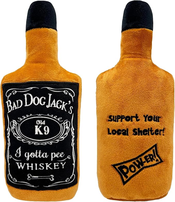 Huxley & Kent Funny Dog Toys w/Squeaker & Crinkle - Stimulating & Interactive Chew Toy for Dogs - Mesh Lined Stuffed Doggie Toy-Easy to Clean Doggie Toys for All Breeds (Bad Dog Jack's Whiskey,Large)