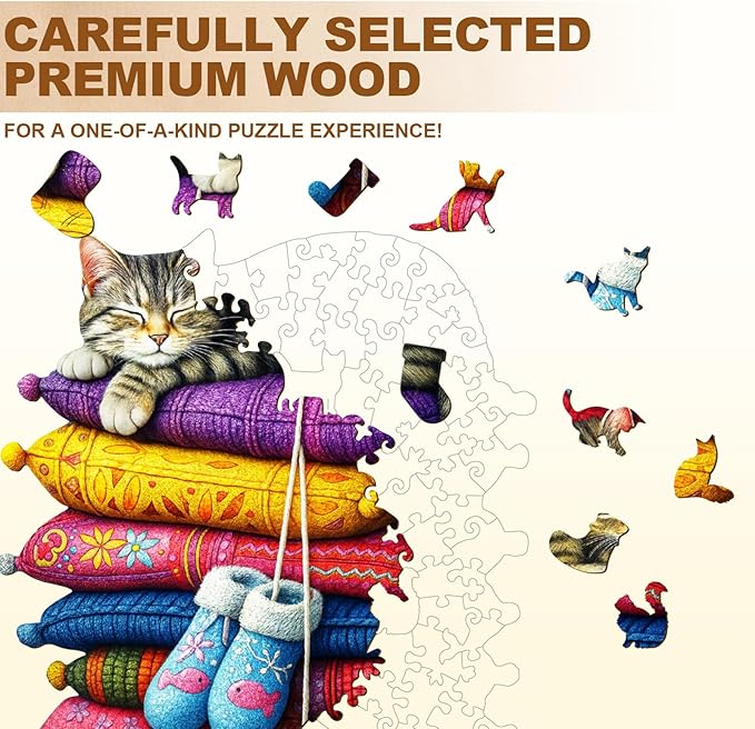 KAAYEE Wooden Puzzles for Adults, Pillow Kitten Puzzles, 210 Piece Unique Animal Shape Puzzle, Cat Wood Puzzle for Adults, Creative Gifts for Cat Lover/Friends/Family, Home Decor(13.4 * 10.2in)