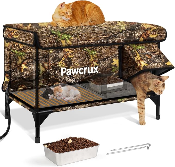 Weatherproof Heated Cat House for Outdoor in Winter, Heated Cat Bed Kitty Shelter with Cat Heating Pad, Insulated & Safe Escape Door, Warm House for Outside Stray Cat(Leaf Color, 16"x28"x19")