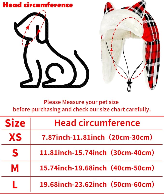 PET SHOW Dog Trapper Hat Winter Hat for Small Medium Dogs Christmas Warm Fleece Aviator Hats with Ear Flaps Adjustable Outdoor Boy Pet Pilot Costume Cap M-Red Plaid/Without Ear Holes
