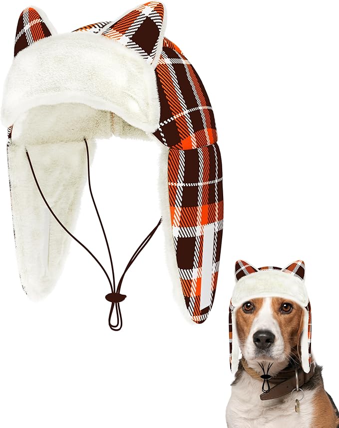 PET SHOW Dog Trapper Hat Winter Hat for Small Medium Dogs Fall Thanksgiving Warm Fleece Aviator Hats with Ear Flaps Adjustable Outdoor Boy Pet Pilot Costume Cap M-Orange Plaid/Without Ear Holes