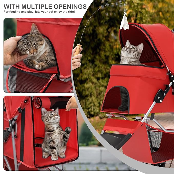 MoNiBloom 3 Wheels Pet Stroller, Foldable Puppy Cage Jogger Stroller with Weather Cover for All-Season, Storage Basket and Cup Holder, Breathable and Visible Mesh for Small/Medium Pets, Red