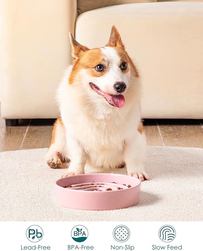 vancasso Slow Feeder Dog Bowl, 1.5 Cup Ceramic Slow Feeding Food Dish for Small and Medium Breed, Puzzle Dog Food Bowl for Fast Eater, Pink