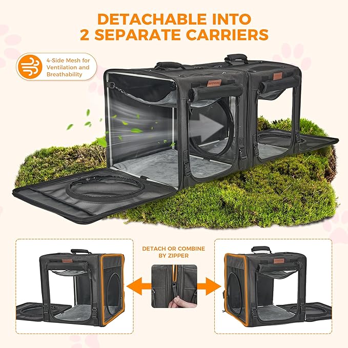 PETUX 2-in-1 Double Cat Carrier for Multiple Cats - 34"x17"x17", Portable, Foldable, Large Cat Travel Carrier with Litter Box, Play Tunnels and Hammock for Car Travel ＆ Vet Visit - Black