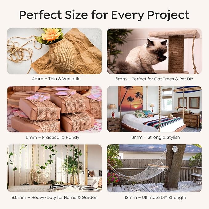 Premium Brazilian Sisal Rope, Natural Fiber 100% Sisal, Ultra Durable, Chemical-Free, Ideal for DIY, Cats, Scratching Post Replacement, Home Decor, Garden, Crafting (1/5” 100 ft / 5mm 30m)