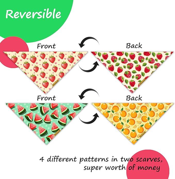 New Summer Fruit Dog Bandanas 2 Pack 4 Pattern Reversible, Holiday Bandana for Boy and Girl, Premium Durable Fabric, Party Triangle Scarf for Medium to Large Breed Dogs (Small)