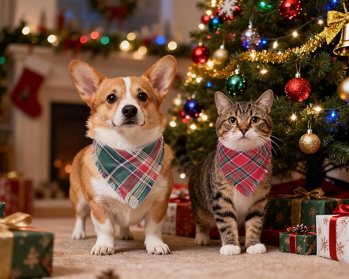 Christmas Dog Bandanas 2PCS-Small,Holiday Scarf Two-Sided with Tassels Edges,Stylish Triangle Dog Outfit for Boy and Girl,Winter Christmas Classic Red Green Plaid Pet Costume for Small Dogs