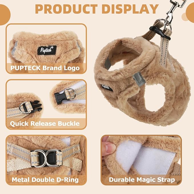 PUPTECK Adjustable Dog Harness Collar and Leash Set Step in No Pull Pet Harness for Small Medium Dogs Puppy and Cats Outdoor Walking Running, Soft Mesh Padded Reflective Vest Harnesses, Khaki M