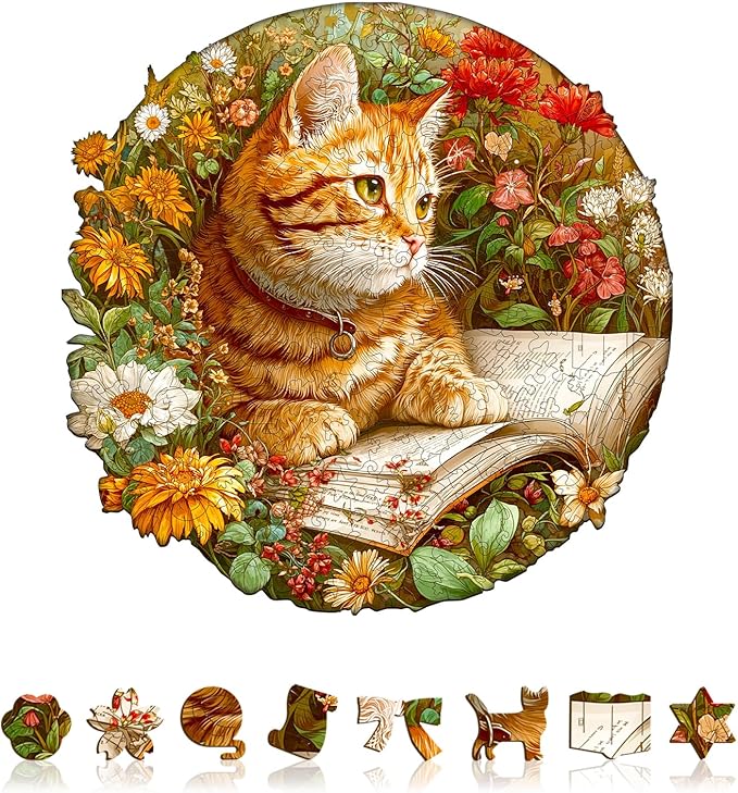 KAAYEE Wooden Puzzles for Adults, Flower Kitten Reading Puzzles, 280 Piece Unique Animal Shape Puzzle, Cat Wood Puzzle for Adults, Creative Gifts for Cat Lover/Friends/Family(13.4 * 13.4in)