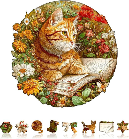 KAAYEE Wooden Puzzles for Adults, Flower Kitten Reading Puzzles, 280 Piece Unique Animal Shape Puzzle, Cat Wood Puzzle for Adults, Creative Gifts for Cat Lover/Friends/Family(13.4 * 13.4in)