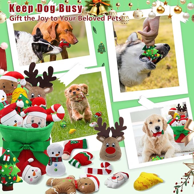 Squeaky Dog Toys, 11 Pcs Christmas Interactive Dog Toy Collection in Flower Bouquet Packaging,10 Adorable Animal Plush Toy