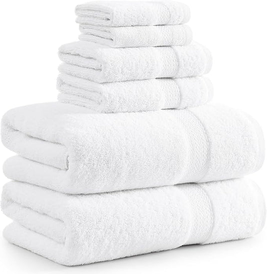 LANE LINEN 100% Cotton Luxury Bathroom Towel Set - 6 Pieces - Super Soft, Fluffy & Highly Absorbent - 2 Large Bath Towels, 2 Washcloths, 2 Hand Towels - Complete Family Pack - White Bath Towel Set