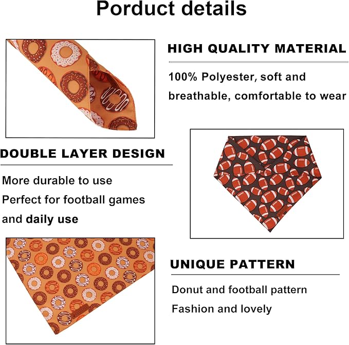 ADOGGYGO Dog Bandanas Boy Girl, Reversible Football Donuts Pet Scarf, Premium Fabric, Adjustable Fit Brown Football Bandanas for Small Large Dogs (Small)