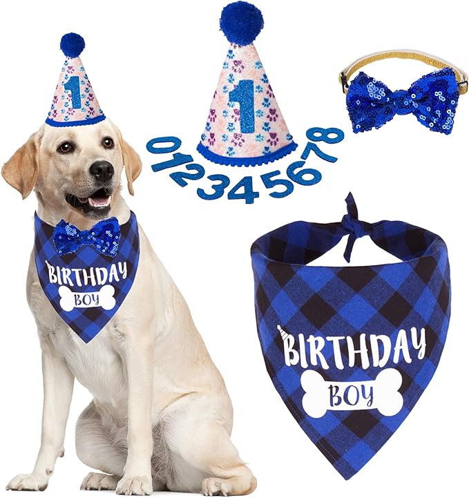 ADOGGYGO Dog Birthday Party Supplies, Pet Party Hat with Numbers, Bow, Blue Plaid Birthday Boy Bandana for Extra Large Dogs (X-Large)