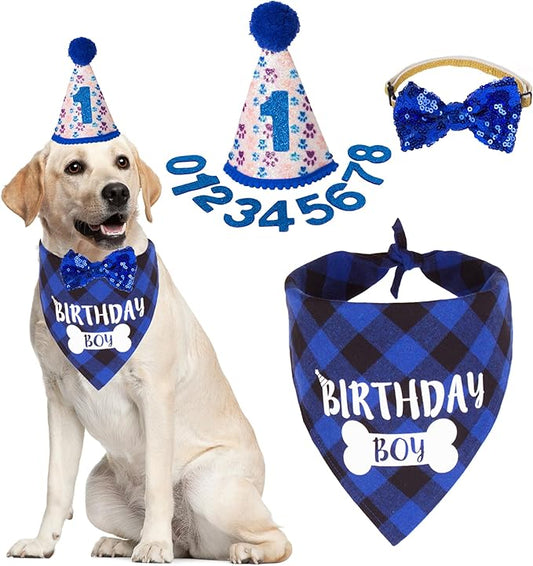 ADOGGYGO Dog Birthday Party Supplies, Pet Party Hat with Numbers, Bow, Blue Plaid Birthday Boy Bandana for Extra Large Dogs (X-Large)