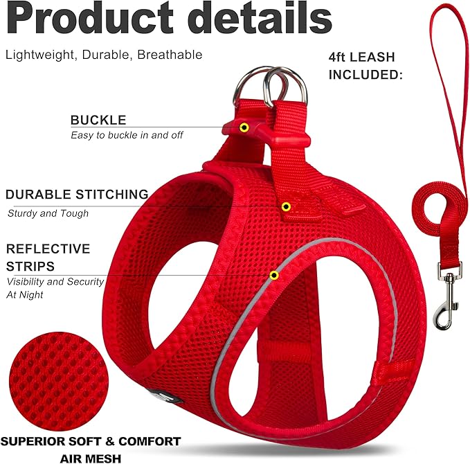 Fida Cat Harness and Leash Set for Walking Kitten and Puppy, Escape Proof Kitten Harness with Breathable Lightweight Soft Mesh, Adjustable Reflective Step-in Design for Kitten and Puppy.(XXXS, Red)