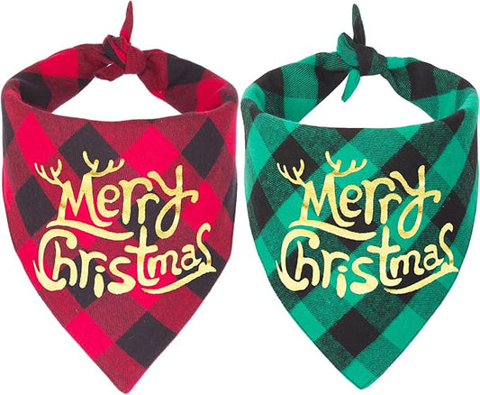 ADOGGYGO 2 Pack Dog Bandana Christmas Classic Plaid Triangle Pet Scarf Bibs Kerchief Merry Christmas Bandanas for Medium Large Dogs Pets