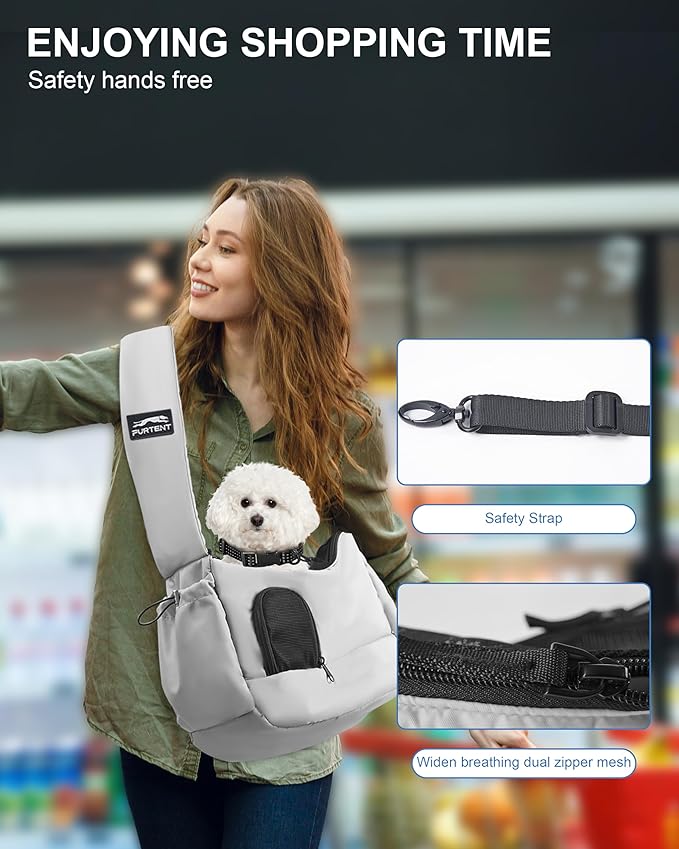 Dog Carrier Sling for Small Dogs & Cats Hand-Free Puppy Sling Purses with Storage Bag and Adjustable Shoulder Strap, Pet Sling Carrier Up to 8.8 Lbs (Grey)