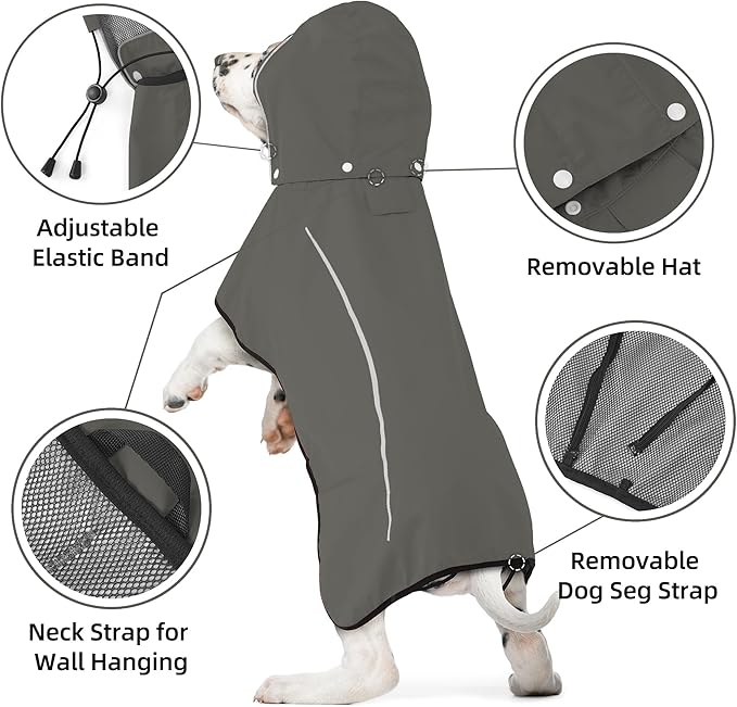 Mile High Life Dog Raincoat, Adjustable Waterproof Pet Rain Jacket, Reflective Hooded Poncho for Small Medium Large Dogs, Lightweight Breathable Pet Rain Coat (Dark Gray,XL Chest 31"-37")