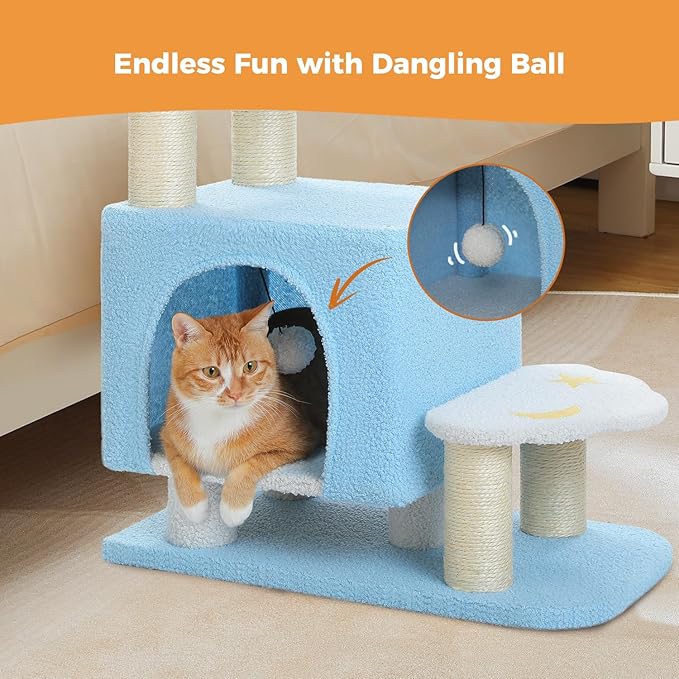 3-in-1 Cute Dog Stairs & Cat Scratching Post with Condo, Pet Steps for High Bed, Sofa, Couch, Tall Cat Tower, High-Strength Board for Indoor Small Cats Kittens Dogs Climbing Playing, 3 Steps-Blue